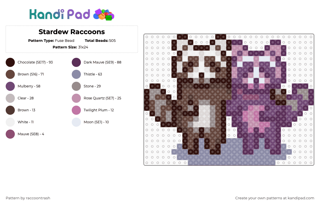 Stardew Raccoons - Fuse Bead Pattern by raccoontrash on Kandi Pad - brown,pink,stardew valley,raccoons