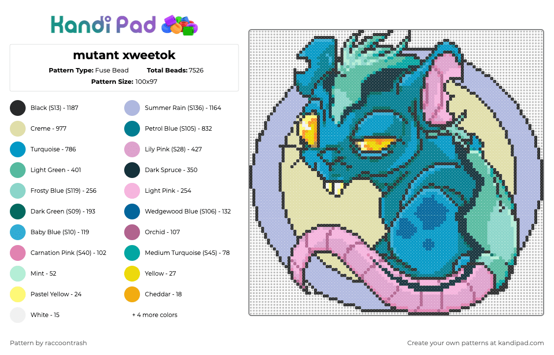 mutant xweetok - Fuse Bead Pattern by raccoontrash on Kandi Pad - light blue,pink,teal,yellow,neopets,xweetok,mutant,rat,creepy