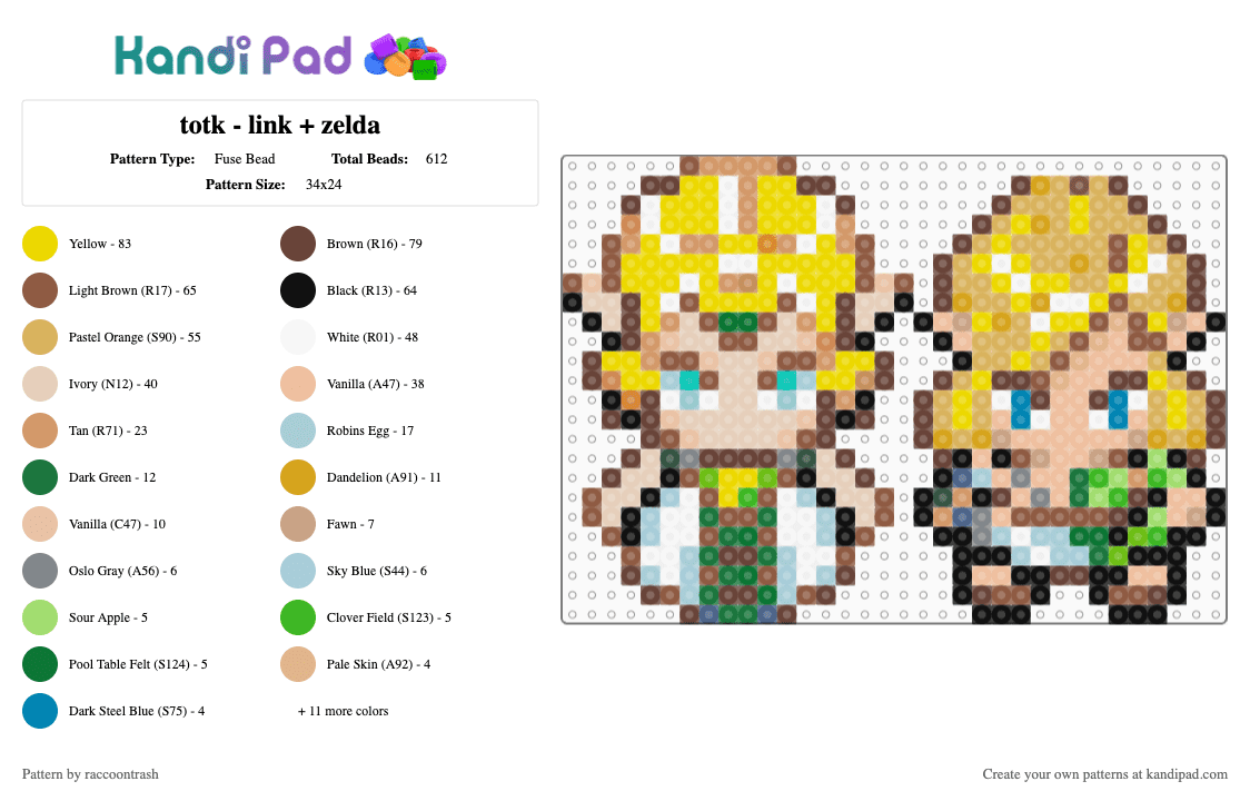totk - link + zelda - Fuse Bead Pattern by raccoontrash on Kandi Pad - beige,brown,orange,colorful,totk,tears of the kingdom,legend of zelda,link,zelda,video game