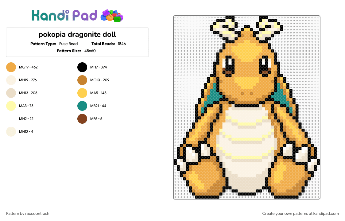 pokopia dragonite doll - Fuse Bead Pattern by raccoontrash on Kandi Pad - dragonite, gaming, orange, pokemon, pokopia, yellow