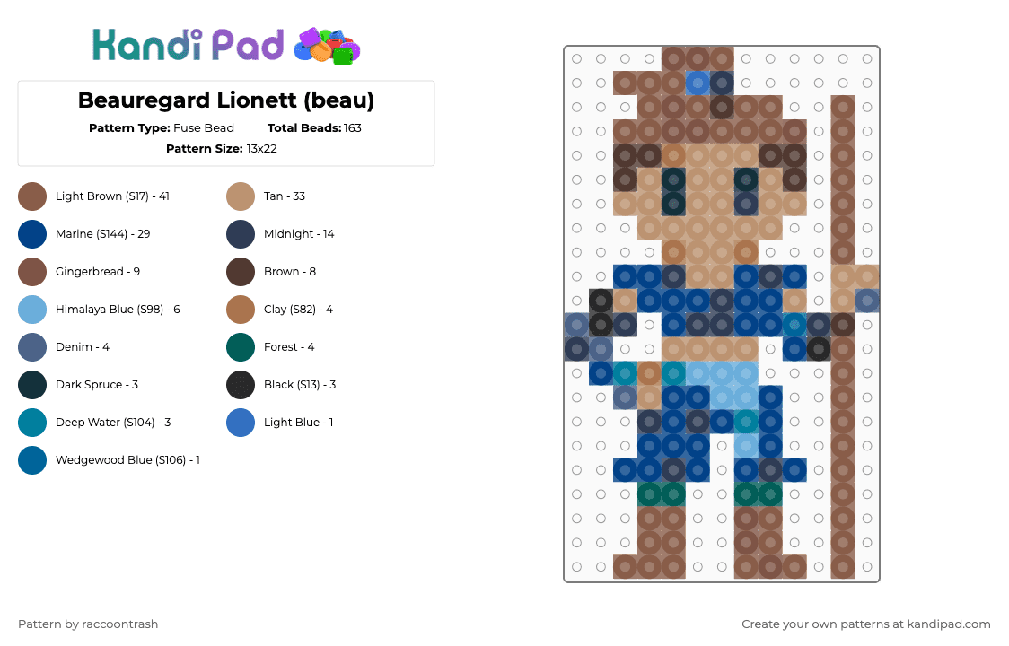 Beauregard Lionett (beau) - Fuse Bead Pattern by raccoontrash on Kandi Pad - tan,blue,beige,mighty nein,critical role,dnd,beau