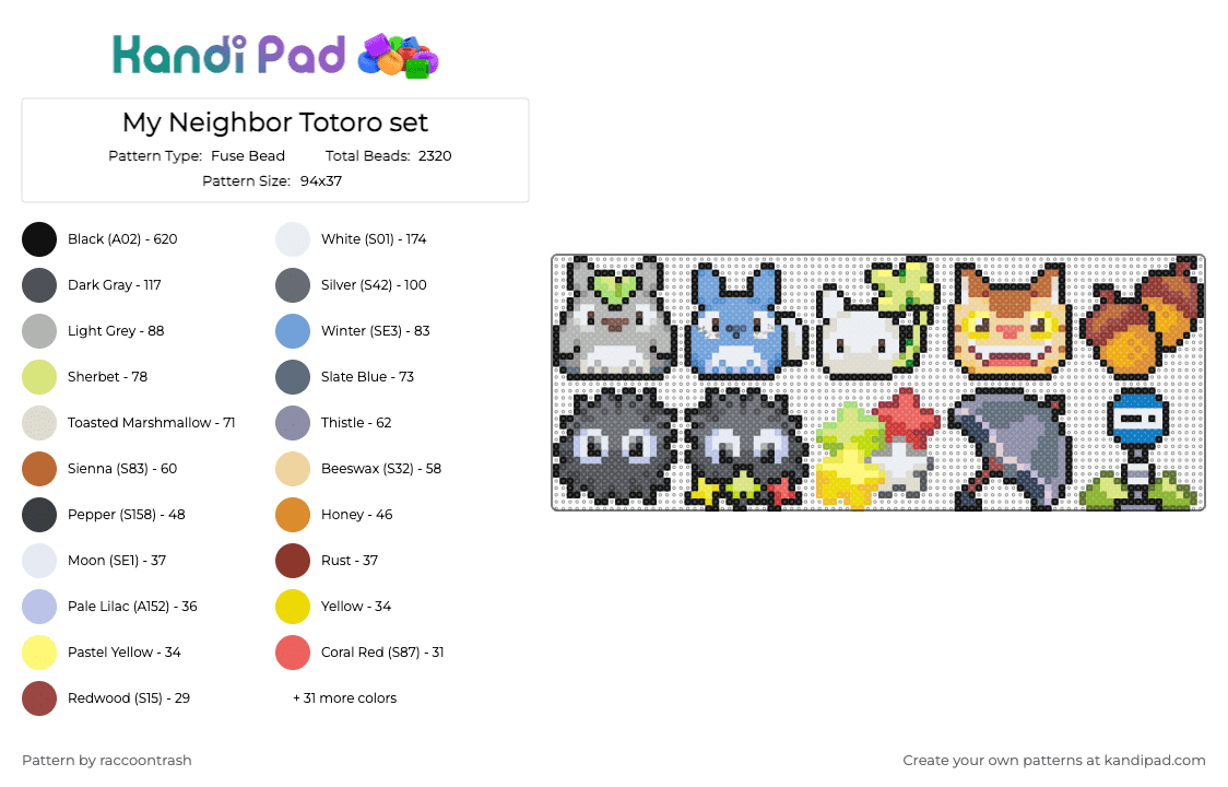 My Neighbor Totoro set - Fuse Bead Pattern by raccoontrash on Kandi Pad - gray,yellow,beige,light blue,colorful,ghibli,miyazaki,totoro,catbus,japan,anime,soot sprite