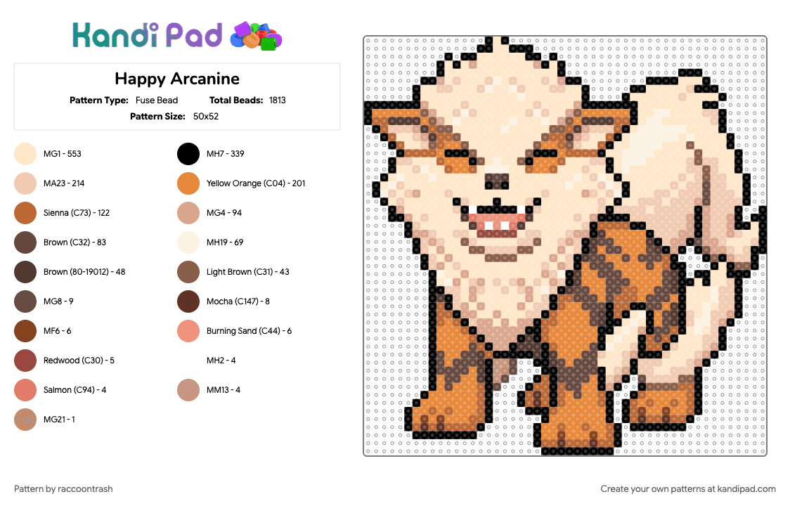 Happy Arcanine - Fuse Bead Pattern by raccoontrash on Kandi Pad - arcanine, beige, gaming, growlithe, pokemon