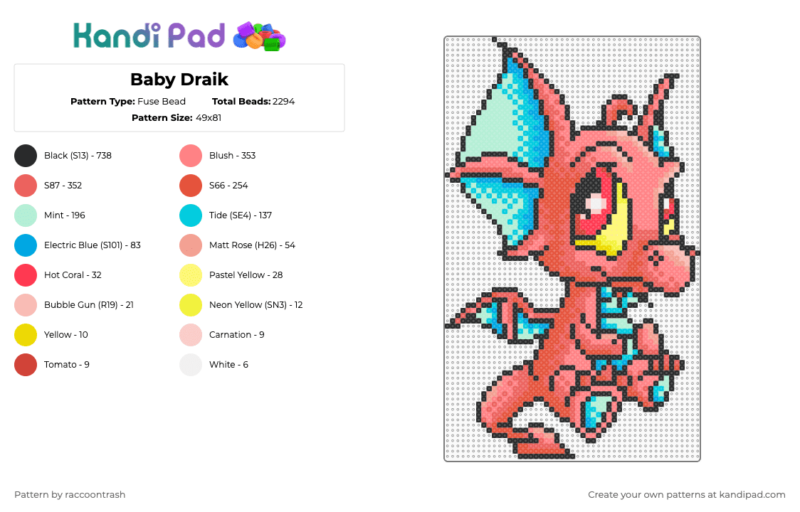 Baby Draik - Fuse Bead Pattern by raccoontrash on Kandi Pad - light blue,red,neopets,baby,draik,dragon