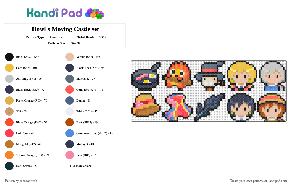 Howl\'s Moving Castle set - Fuse Bead Pattern by raccoontrash on Kandi Pad - red,beige,yellow,blue,colorful,ghibli,miyazaki,sophie,howl,calcifer,turnip