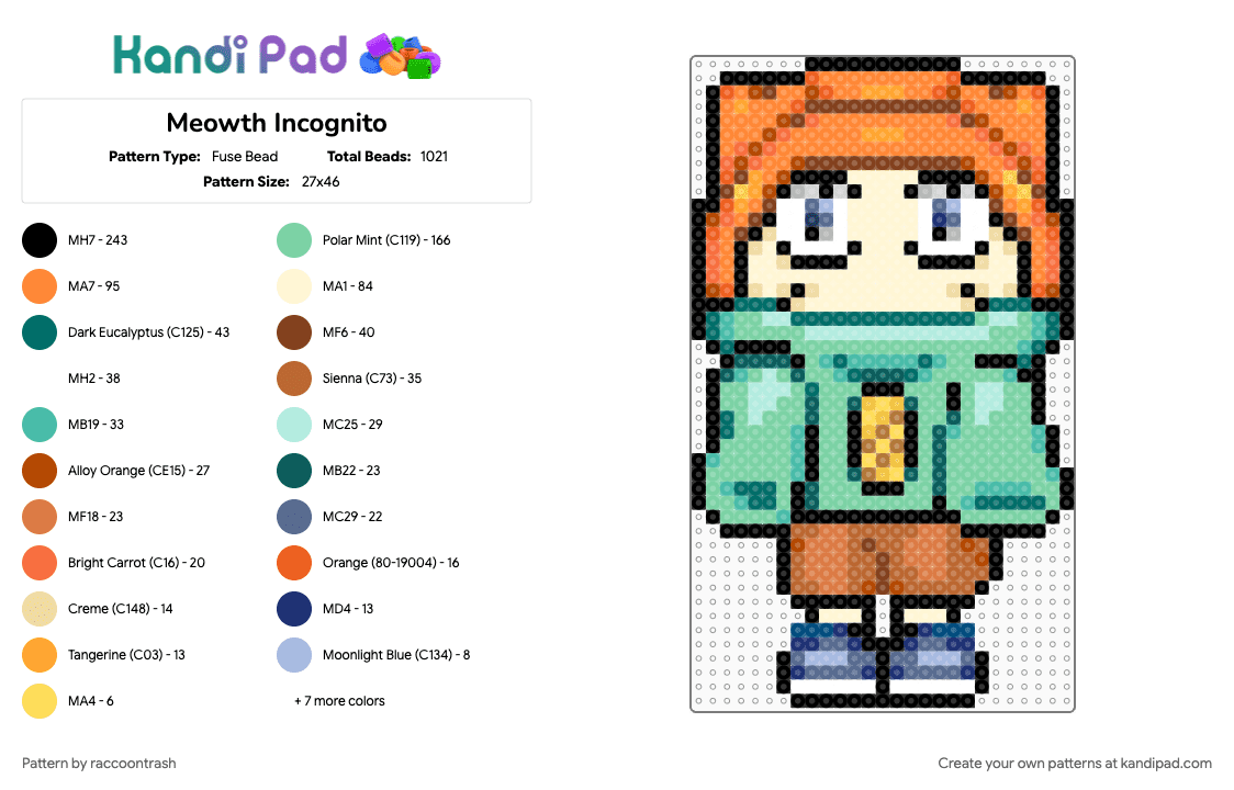 Meowth Incognito - Fuse Bead Pattern by raccoontrash on Kandi Pad - anime, disguise, gaming, meowth, orange, pokemon, teal, team rocket