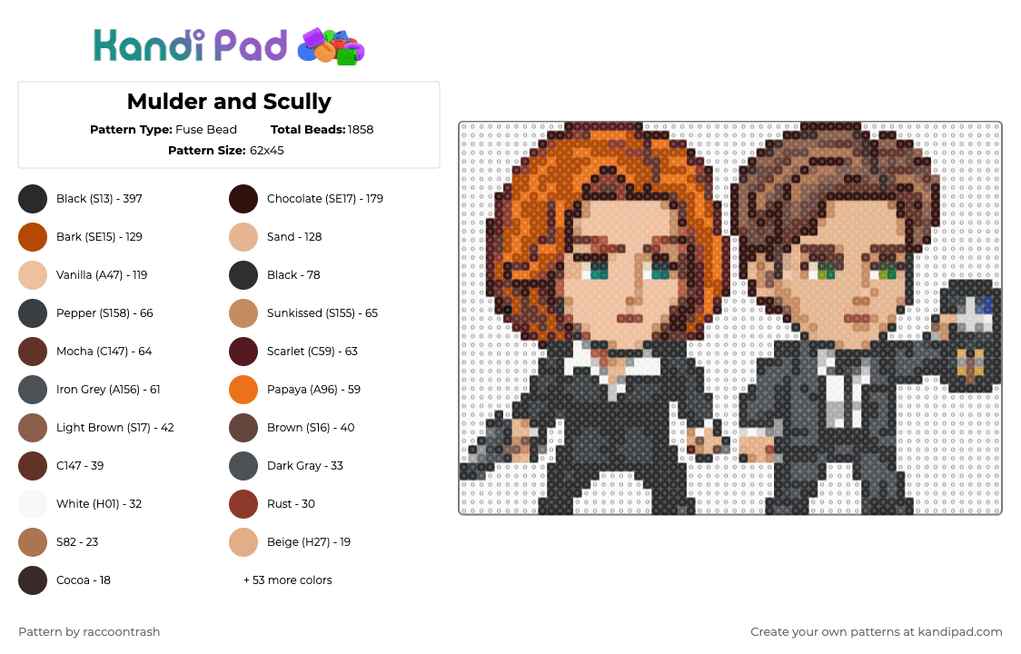 Mulder and Scully - Fuse Bead Pattern by raccoontrash on Kandi Pad - brown,red,tan,beige,xfiles,the xfiles,aliens,scifi