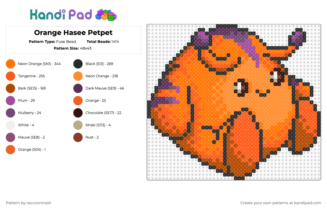 Orange Hasee Petpet - Fuse Bead Pattern by raccoontrash on Kandi Pad - orange,neopets,hasee