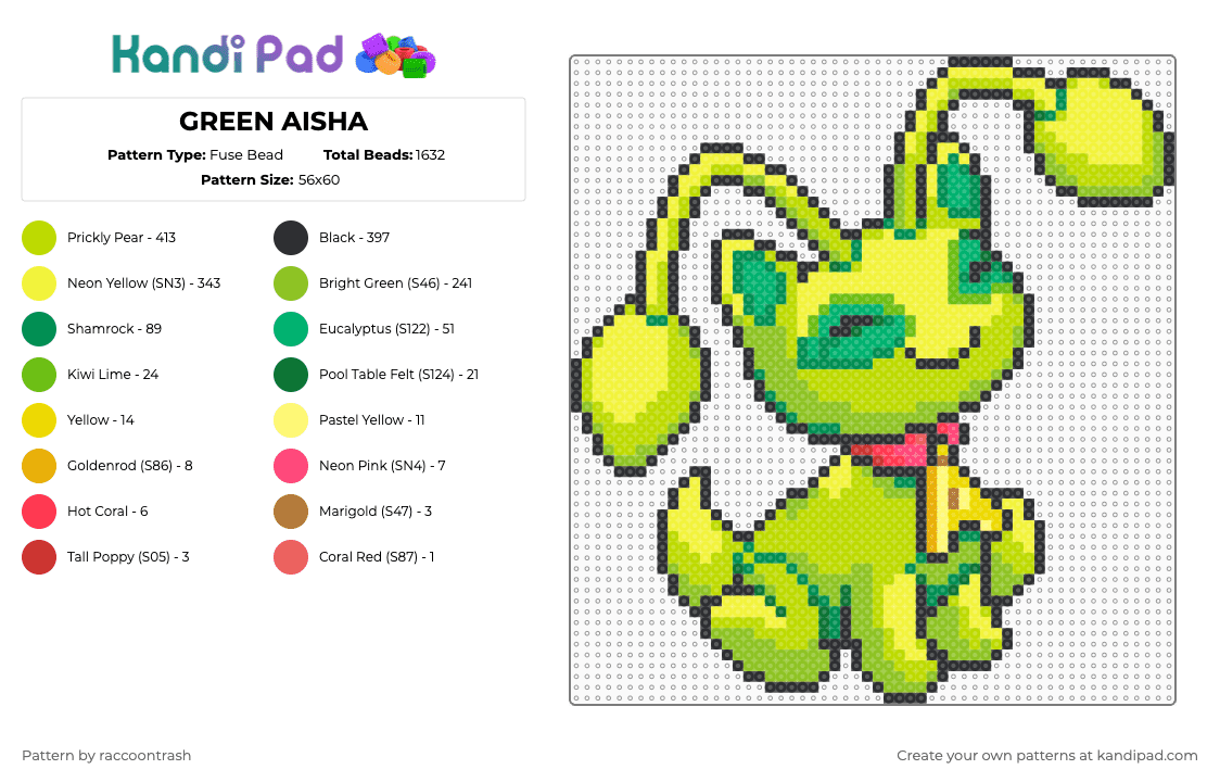 GREEN AISHA - Fuse Bead Pattern by raccoontrash on Kandi Pad - green,yellow,neopets,aisha,cat,alien,alien cat,digital pets,cotd90snostalgia