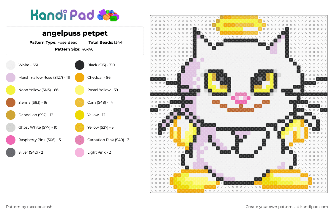 angelpuss petpet - Fuse Bead Pattern by raccoontrash on Kandi Pad - white,orange,yellow,pink,angelpuss,neopets,petpet,angel,cat