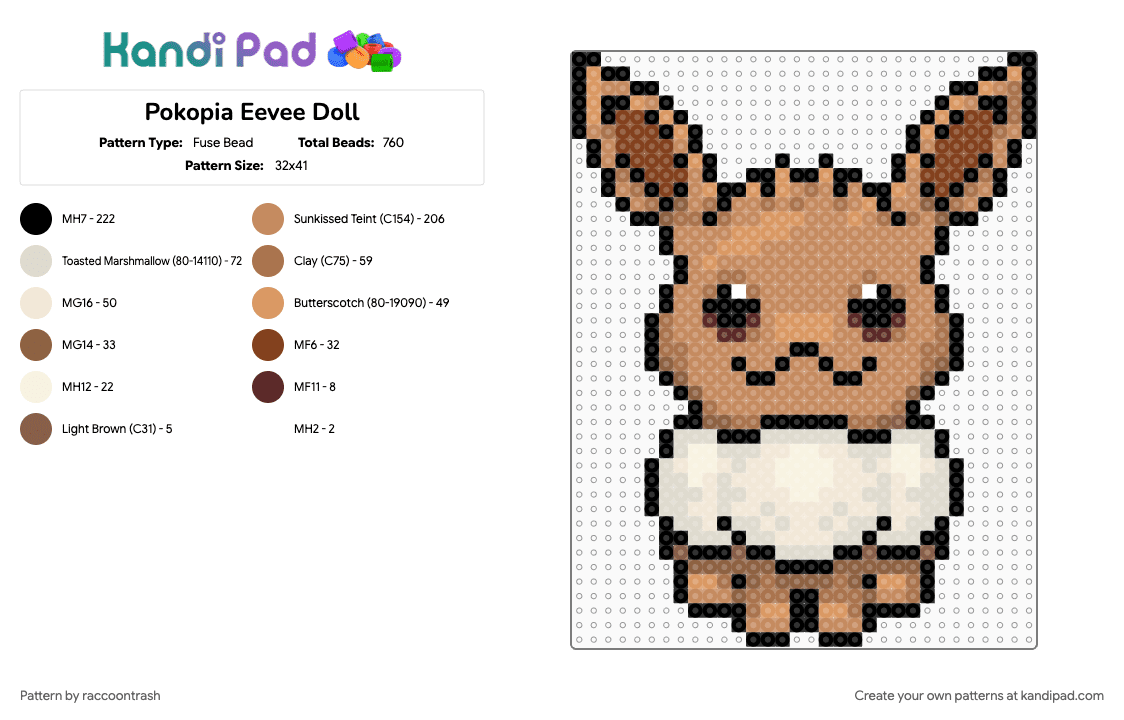 Pokopia Eevee Doll - Fuse Bead Pattern by raccoontrash on Kandi Pad - eevee, gaming, pokemon, pokopia, tan