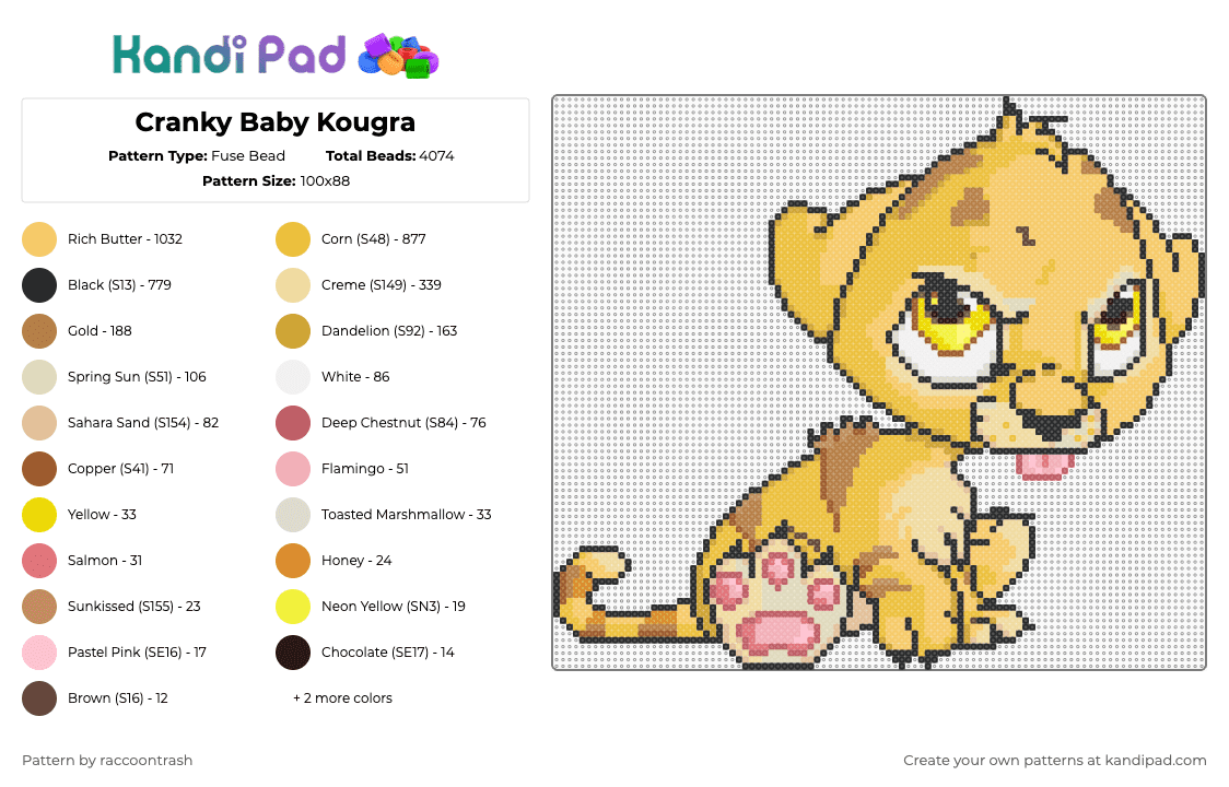 Cranky Baby Kougra - Fuse Bead Pattern by raccoontrash on Kandi Pad - yellow,beige,kougra,neopets,baby,cranky,cute,tiger