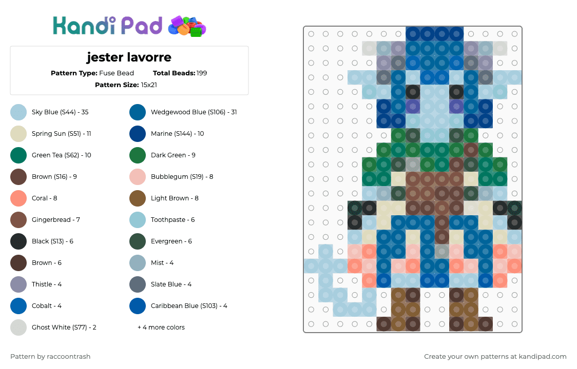jester lavorre - Fuse Bead Pattern by raccoontrash on Kandi Pad - blue,light blue,beige,mighty nein,critical role,dnd,jester