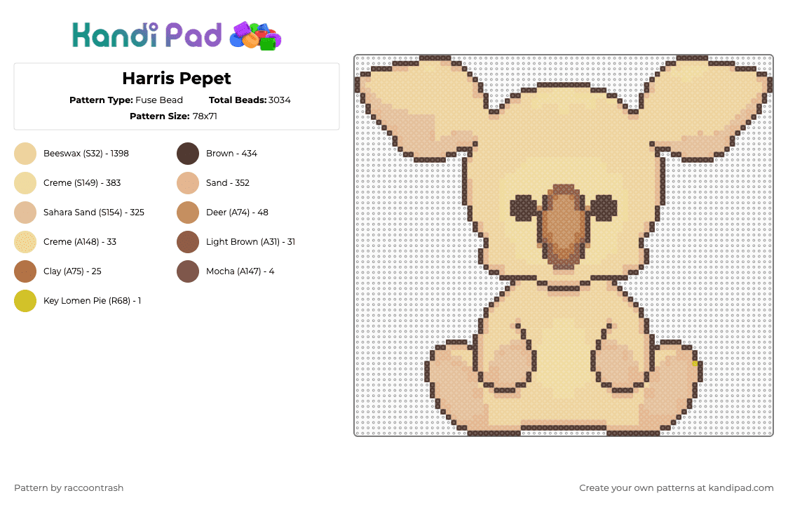Harris Pepet - Fuse Bead Pattern by raccoontrash on Kandi Pad - beige,neopets,petpet