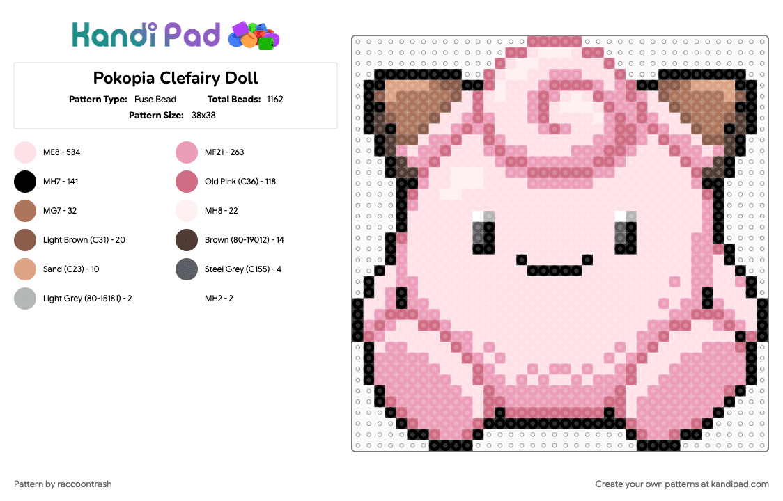Pokopia Clefairy Doll - Fuse Bead Pattern by raccoontrash on Kandi Pad - clefairy, gaming, pink, pokemon, pokopia, white