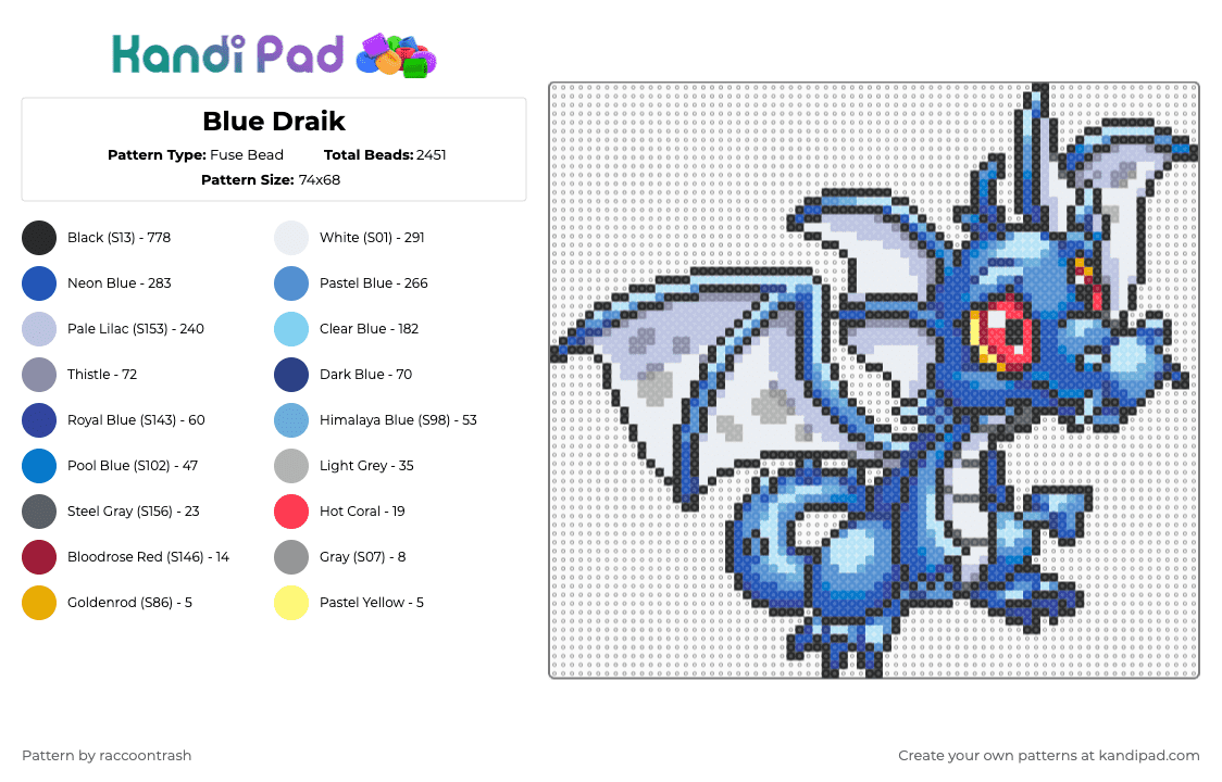 Blue Draik - Fuse Bead Pattern by raccoontrash on Kandi Pad - pink,light blue,blue,neopets,draik,dragon,drake