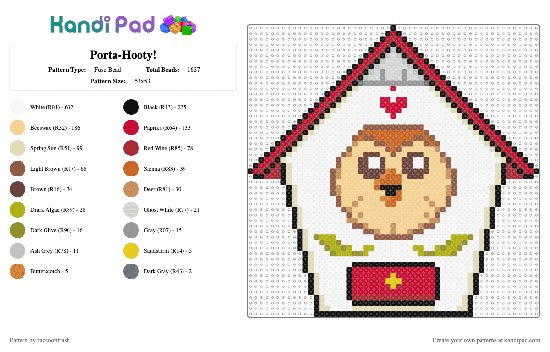Porta-Hooty! - Fuse Bead Pattern by raccoontrash on Kandi Pad - white,red,beige,tan,hooty,the owl house,toh,cartoons,animation
