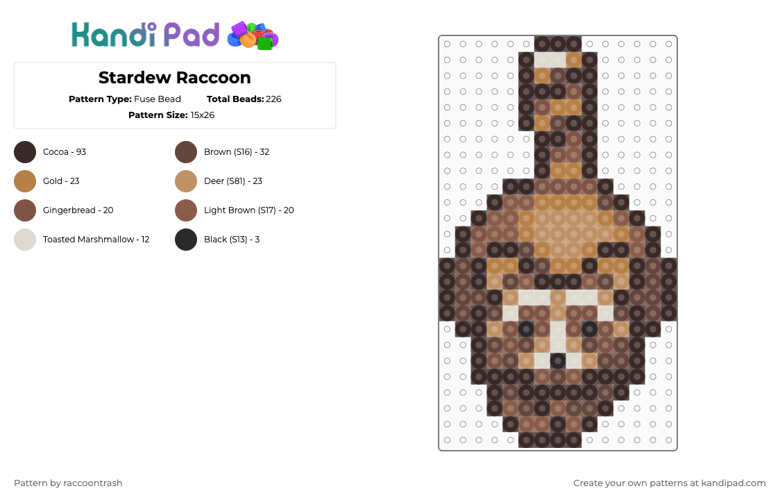 Stardew Raccoon - Fuse Bead Pattern by raccoontrash on Kandi Pad - brown,tan,stardew valley,raccoon