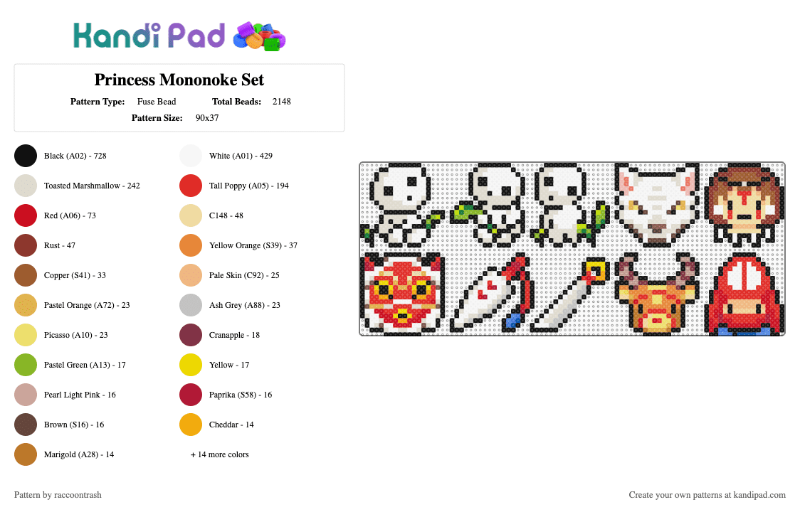 Princess Mononoke Set - Fuse Bead Pattern by raccoontrash on Kandi Pad - red,beige,ghibli,mononoke,kodama,nature,anime,miyazaki