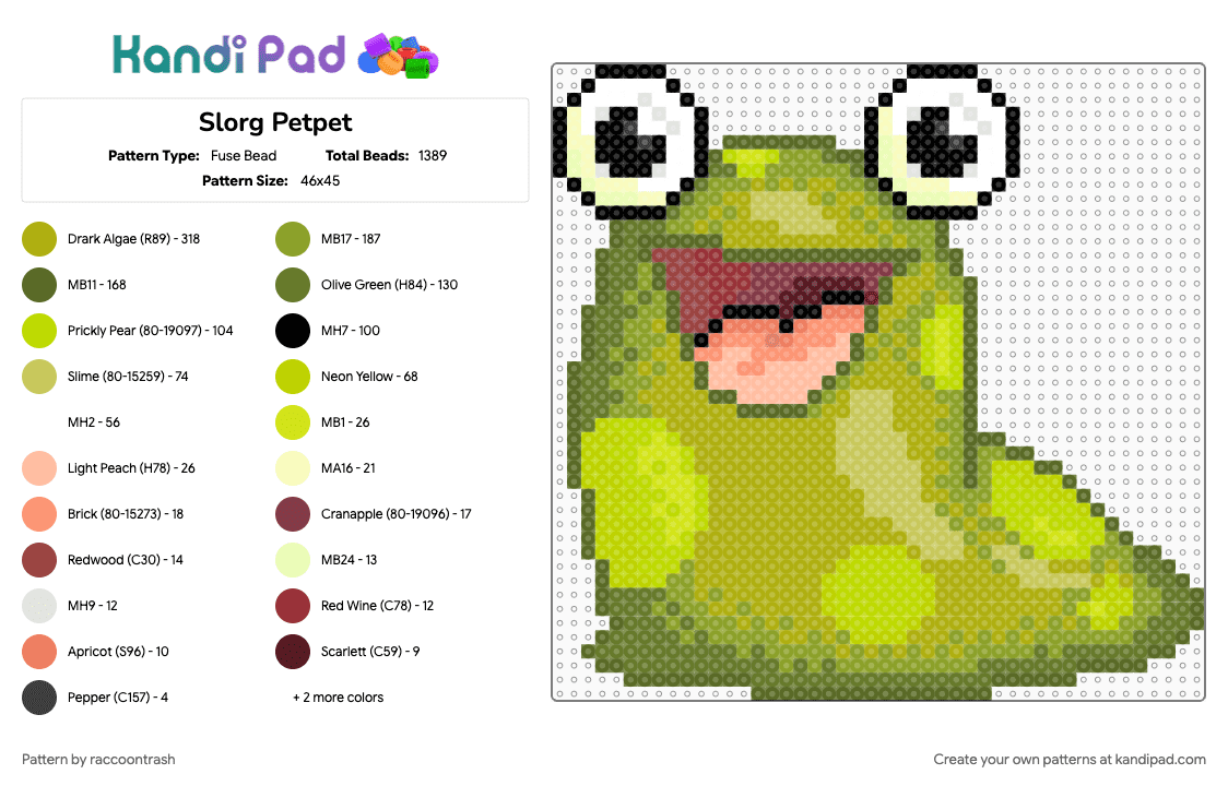 Slorg Petpet - Fuse Bead Pattern by raccoontrash on Kandi Pad - gaming, gold, green, neopets, petpet, slime, slorg, slug, y2k