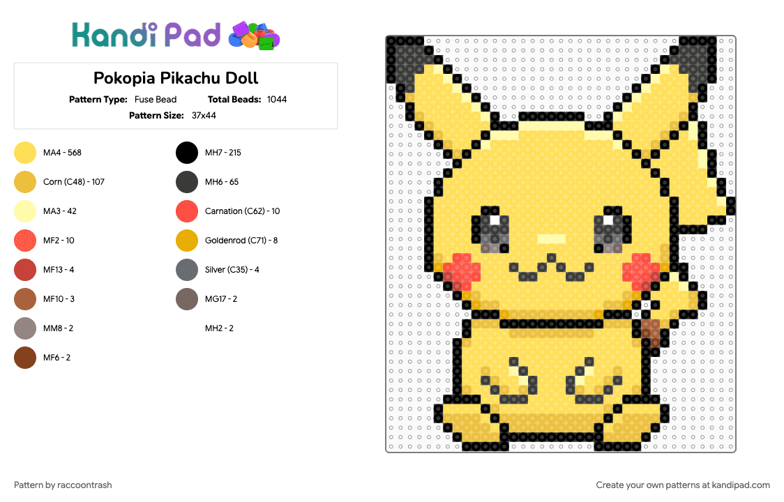 Pokopia Pikachu Doll - Fuse Bead Pattern by raccoontrash on Kandi Pad - gaming, pikachu, plushie, pokemon, pokopia, yellow