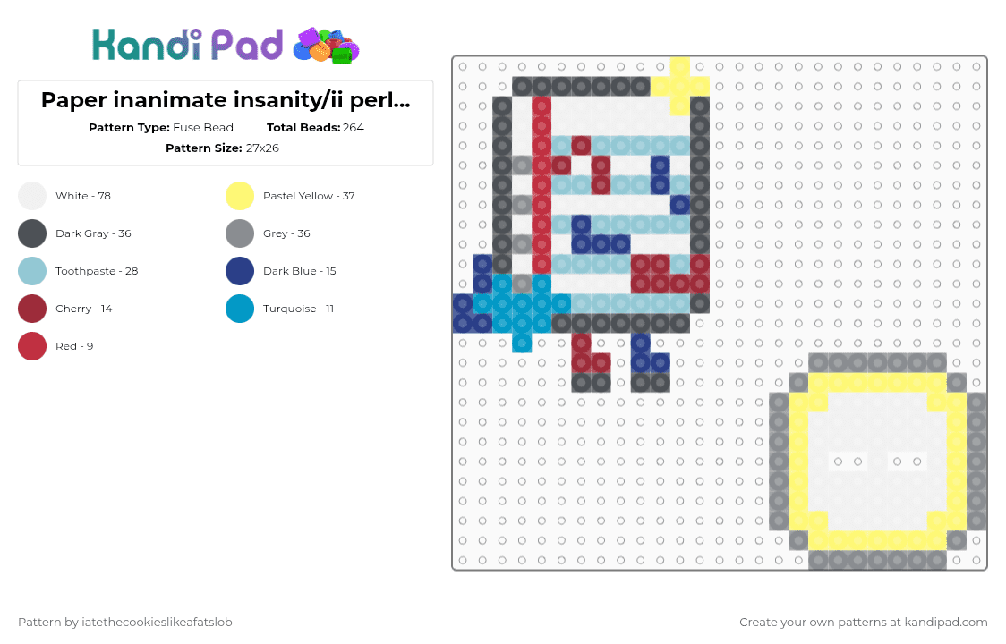 Paper inanimate insanity/ii perler standee! Read desc if ur making:] - Fuse Bead Pattern by iatethecookieslikeafatslob on Kandi Pad - gray,yellow,light blue,paper,red,blue,paper inanimate insanity,inanimate insanity,paper ii,standee