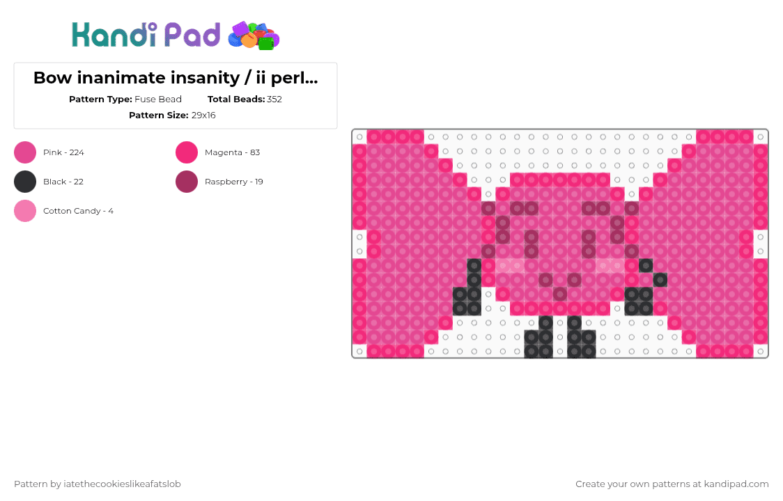 Bow inanimate insanity / ii perler pattern!! - Fuse Bead Pattern by iatethecookieslikeafatslob on Kandi Pad - pink,bow,inanimate insanity,ii,bow ii,bow inanimate insanity,pink bow