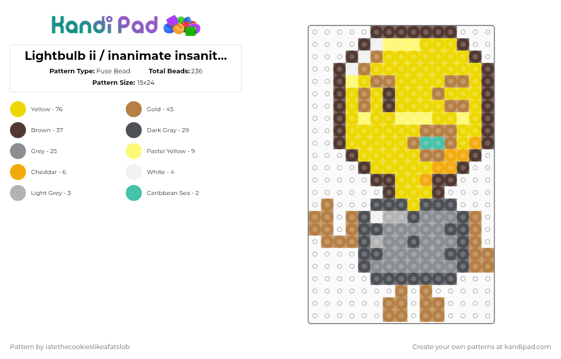 Lightbulb ii / inanimate insanity perler pattern!!! - Fuse Bead Pattern by iatethecookieslikeafatslob on Kandi Pad - brown,gray,yellow,tan,lightbulb,lightbulb ii,ligjtbulb inanimate insanity,inanimate insanity,ii,osc