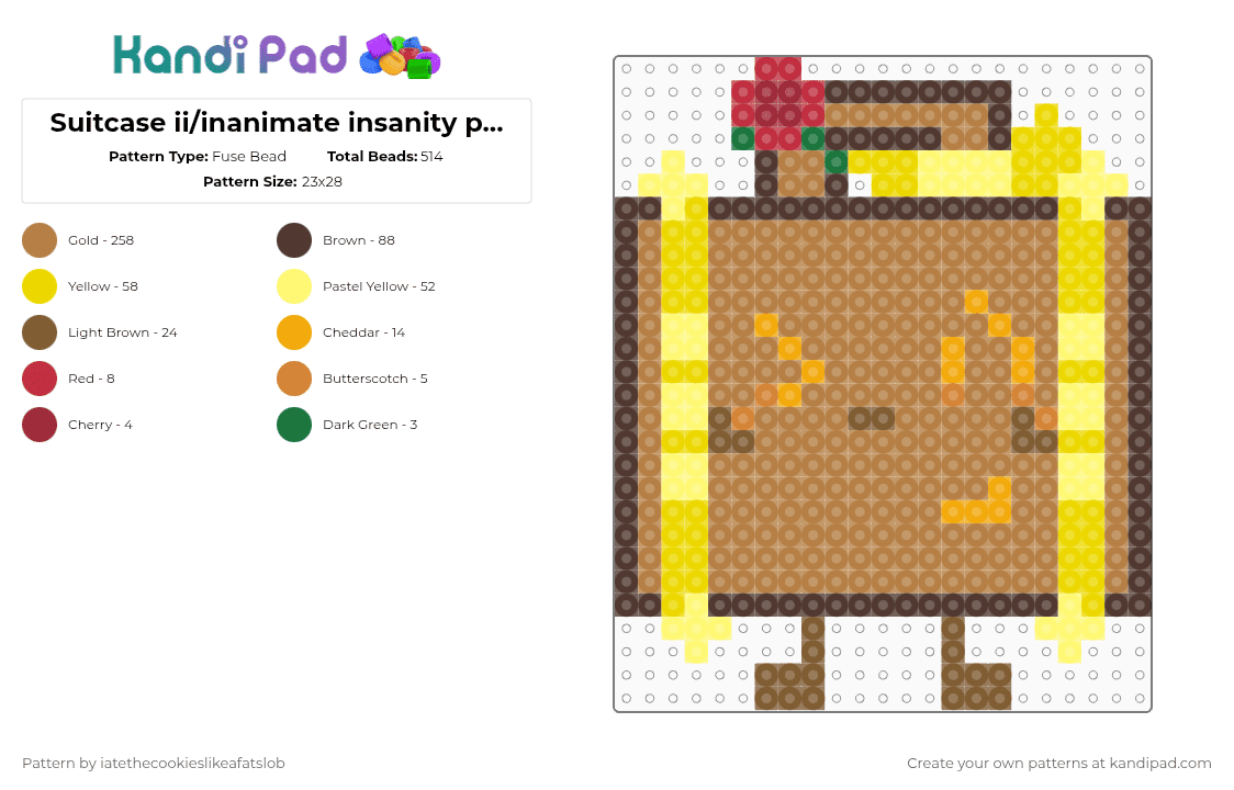 Suitcase ii/inanimate insanity perler pattern... redesign - Fuse Bead Pattern by iatethecookieslikeafatslob on Kandi Pad - yellow,brown,tan,suitcase,inanimate insanity,ii,suitcase inanimate insanity,suitcase ii