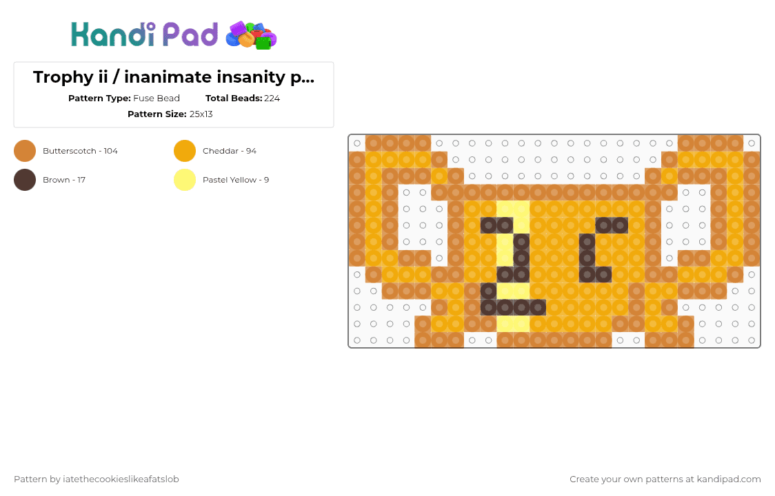 Trophy ii / inanimate insanity perler!:] (for a necklace!!) - Fuse Bead Pattern by iatethecookieslikeafatslob on Kandi Pad - orange,trophy,trophy ii,ii,inanimate insanity,yellow,gold,trophy inanimate insanity