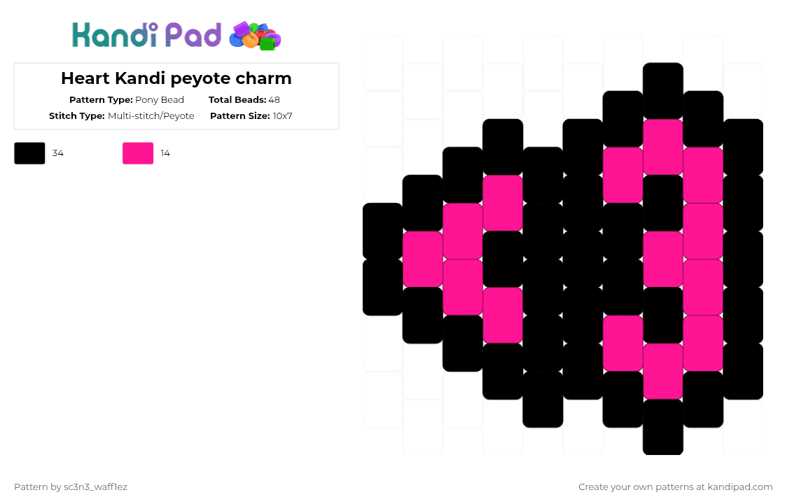 Heart Kandi peyote charm - Pony Bead Pattern by sc3n3_waff1ez on Kandi Pad - black,pink,heart,charm,even peyote