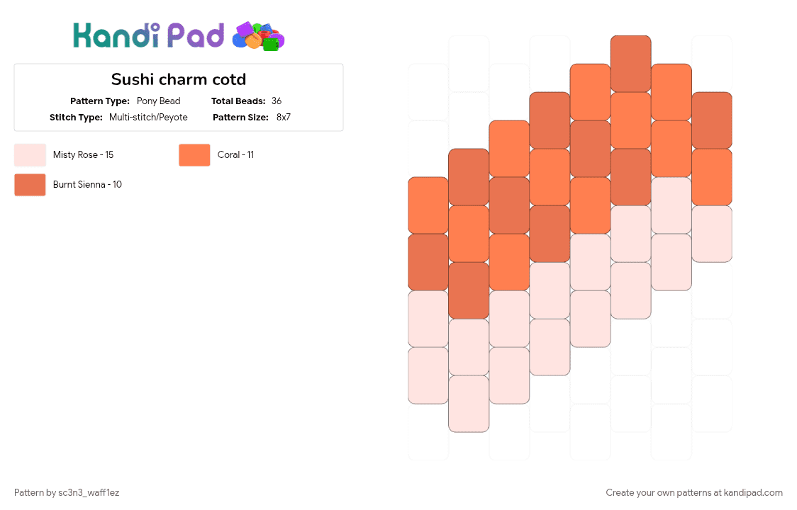 Sushi charm cotd - Pony Bead Pattern by sc3n3_waff1ez on Kandi Pad - cotdseafood, darker peach, light peach, orange, peyote charm, seafood, small charm, sushi, white