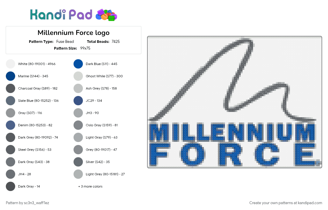 Millennium Force logo - Fuse Bead Pattern by sc3n3_waff1ez on Kandi Pad - black, blue, cedar point, grey, large perler, logo, roller coasters, white
