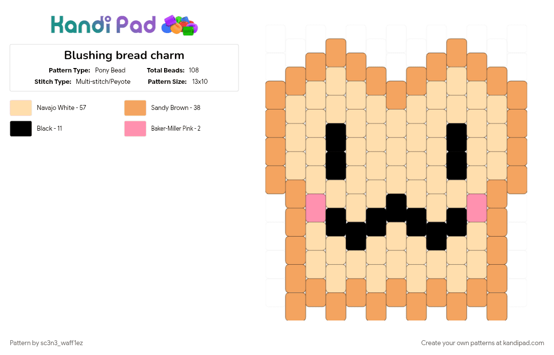 Blushing bread charm - Pony Bead Pattern by sc3n3_waff1ez on Kandi Pad - beige, black, bread, charm, goober, light pink, light tan, medium size charm, orange, tinted white
