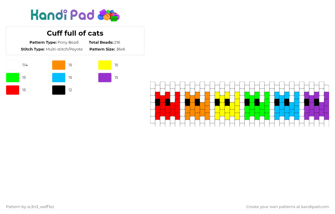 Cuff full of cats - Pony Bead Pattern by sc3n3_waff1ez on Kandi Pad - white,yellow,light blue,red,colorful,rainbow,cat,multistich