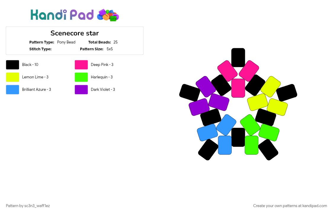 Scenecore star - Pony Bead Pattern by sc3n3_waff1ez on Kandi Pad - black, colorful, light blue, rainbow adjacent, scenecore, yellow