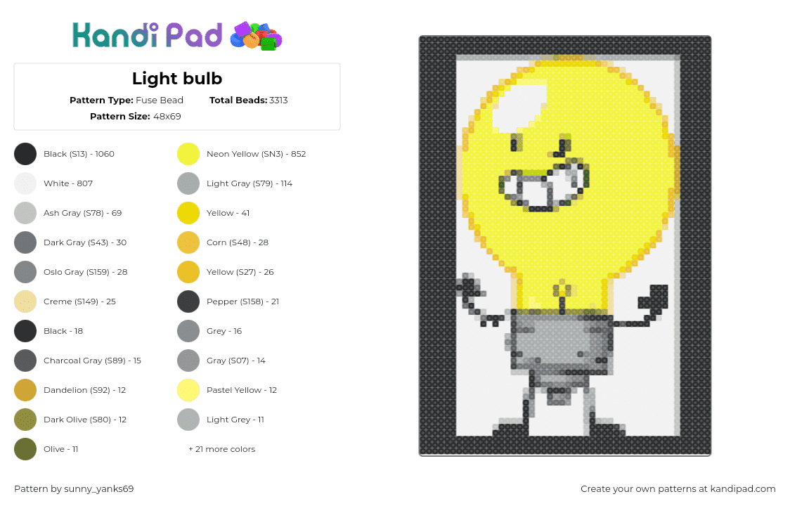 Light bulb - Fuse Bead Pattern by sunny_yanks69 on Kandi Pad - lightbulb,inanimate insanity,character,animation,yellow,white