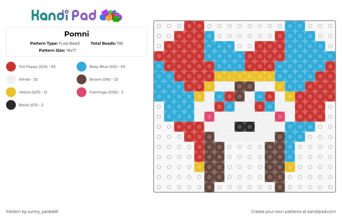 Pomni - Fuse Bead Pattern by sunny_yanks69 on Kandi Pad - pomni,amazing digital circus,character,head,jester,animation,tv show,red,light blue,white