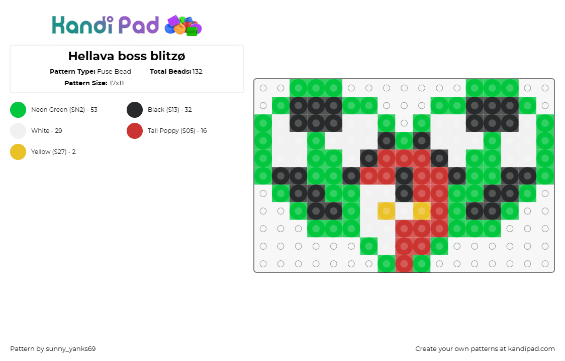 Hellava boss blitzø - Fuse Bead Pattern by sunny_yanks69 on Kandi Pad - blitzo,helluva boss,animated,character,quirky,series,fan,creation,green