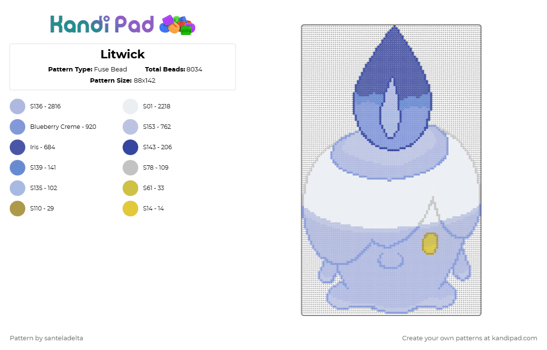 Litwick - Fuse Bead Pattern by santeladelta on Kandi Pad - purple,pink,light blue,pokemon,litwick,ghost pokemon,spooky,ghost,candle