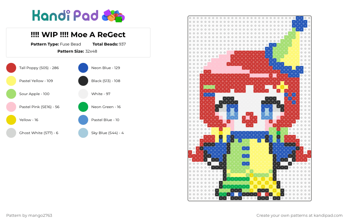 Moe A ReGect - Fuse Bead Pattern by mango2763 on Kandi Pad - blue,red,green,yellow