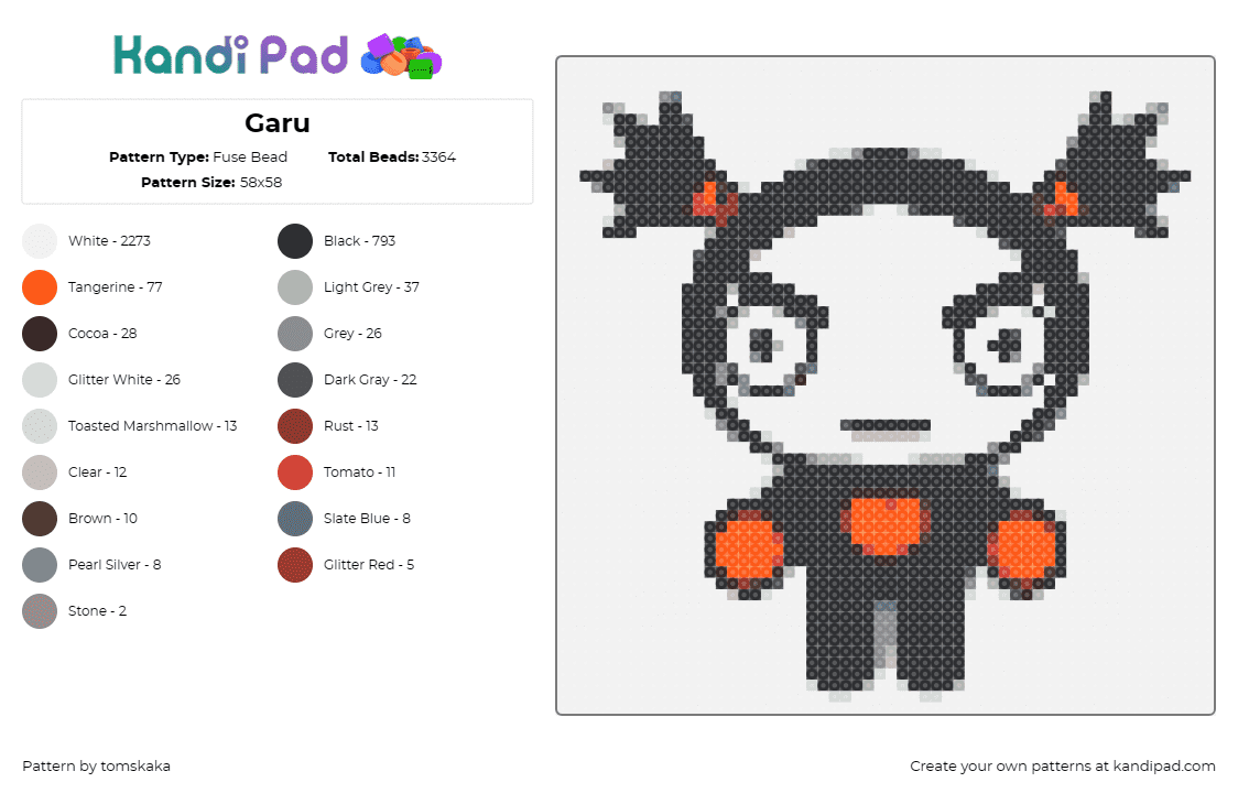 Garu - Fuse Bead Pattern by tomskaka on Kandi Pad - garu,pucca,ninja,animated,cartoon,character,martial arts,silent,black,white