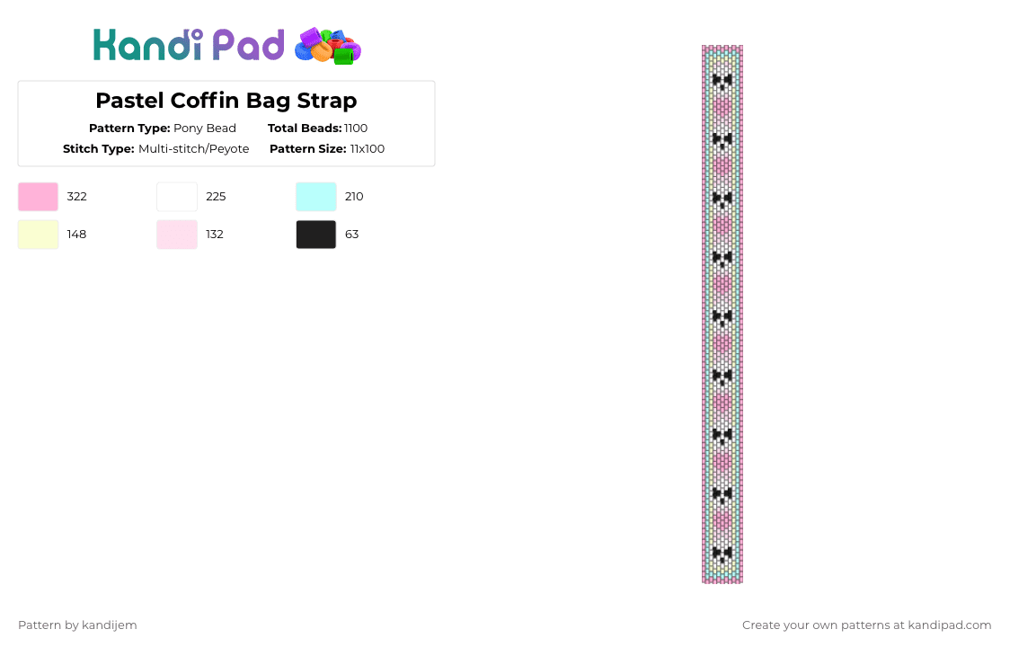 Pastel Coffin Bag Strap - Pony Bead Pattern by kandijem on Kandi Pad - pink,skulls,strap,bag,bag strap