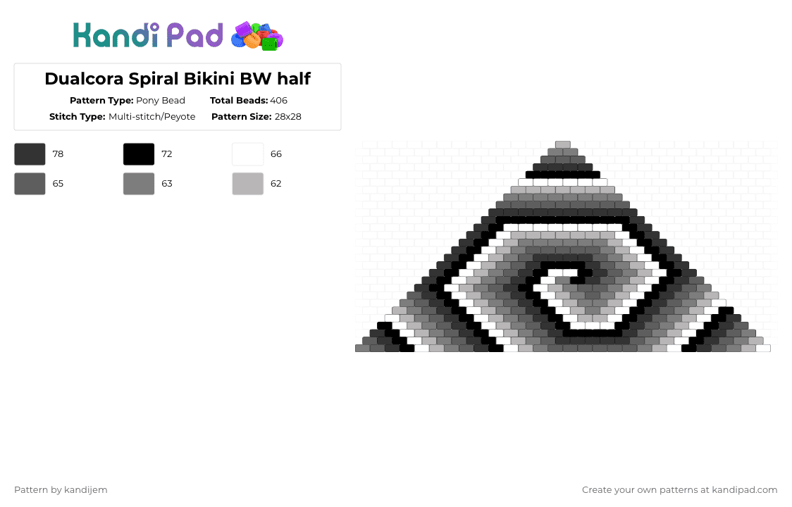 Dualcora Spiral Bikini BW half - Pony Bead Pattern by kandijem on Kandi Pad - beige,gray,dualcora,black and white,bikini