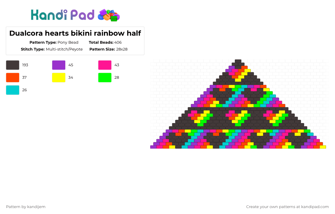 Dualcora hearts bikini rainbow half - Pony Bead Pattern by kandijem on Kandi Pad - brown,dualcora,rainbow,bikini