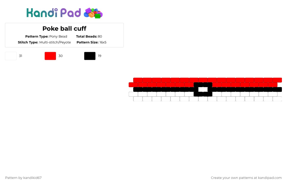 Poke ball cuff - Pony Bead Pattern by kandikid67 on Kandi Pad - white,red,pokemon,poke ball,anime,manga,japanese