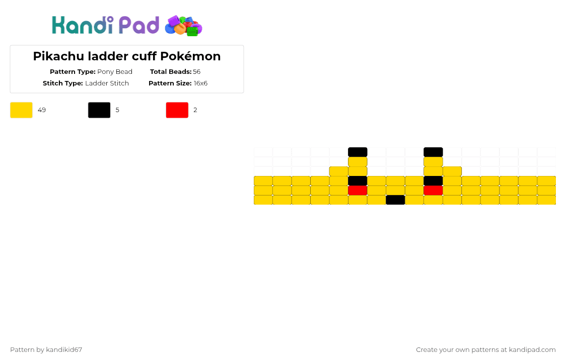 Pikachu ladder cuff Pokémon - Pony Bead Pattern by kandikid67 on Kandi Pad - yellow,pokemon,pikachu,ladder cuff,cute,character,anime