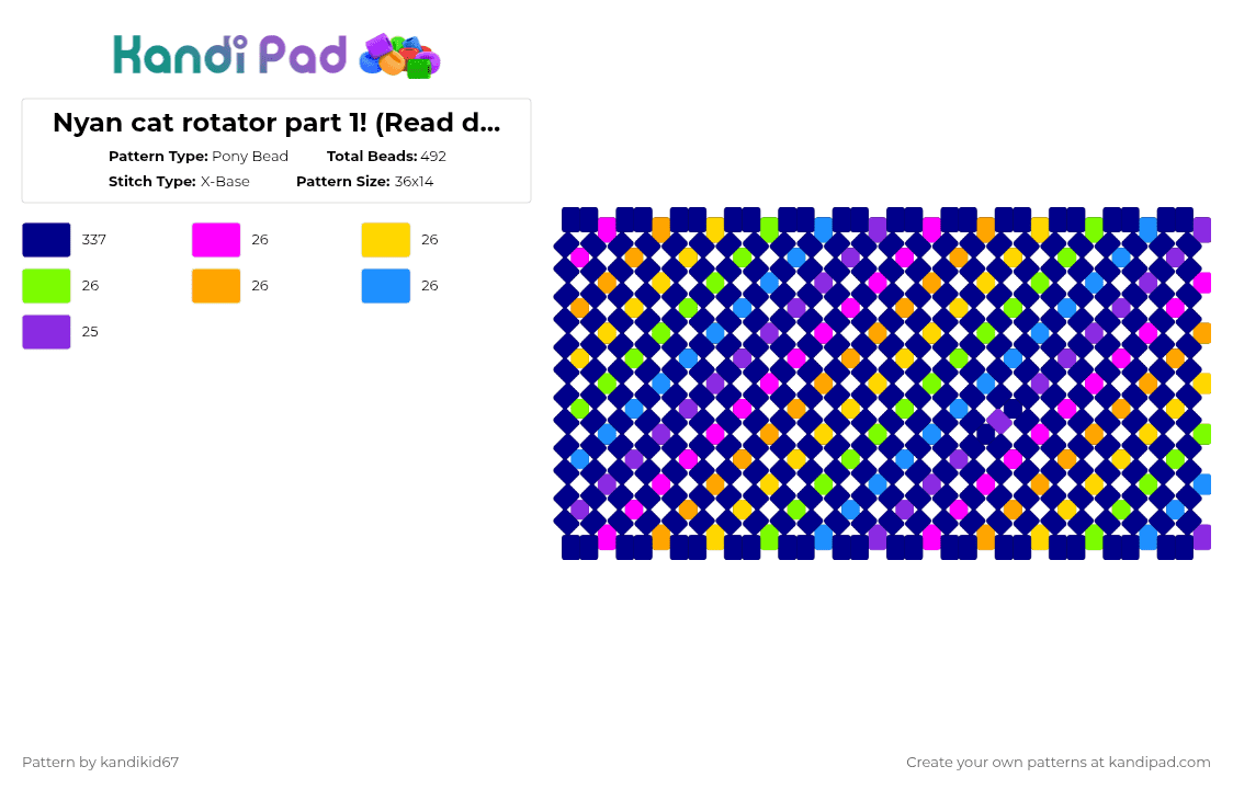 Nyan cat rotator part 1! (Read desc) - Pony Bead Pattern by kandikid67 on Kandi Pad - purple,nyan cat,colorful,rotator