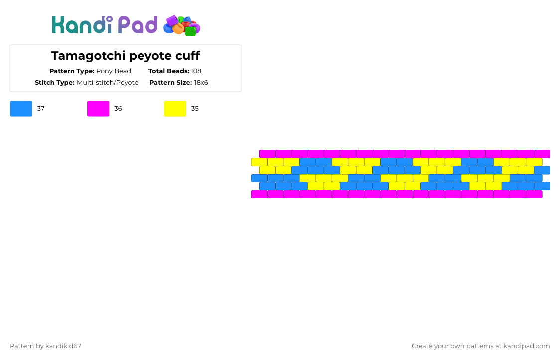 Tamagotchi peyote cuff - Pony Bead Pattern by kandikid67 on Kandi Pad - pink,yellow,light blue,tamagotchi,character
