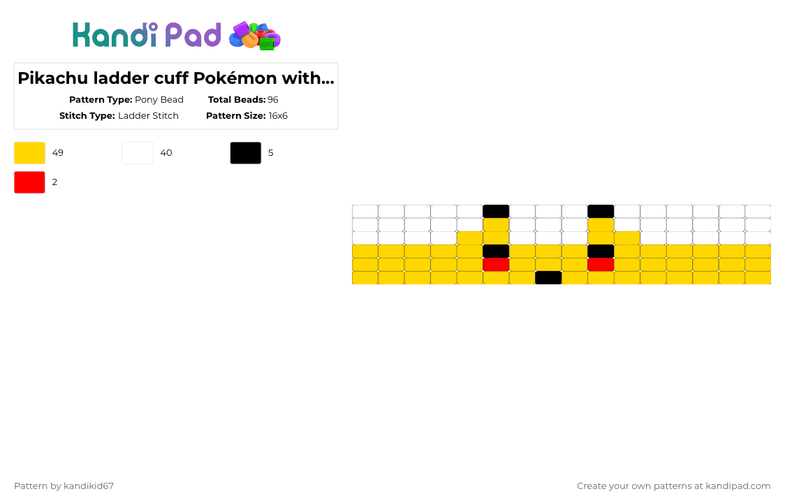 Pikachu ladder cuff Pokémon with clear beads bc it didn’t work - Pony Bead Pattern by kandikid67 on Kandi Pad - yellow,pokemon,pikachu,ladder cuff,cute,character,anime